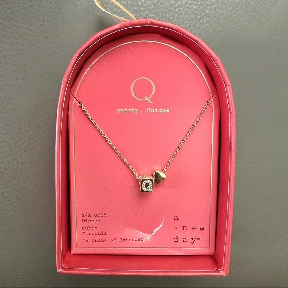 a New Day 14K Gold Dipped Slider Heart and Initial Cube Q Pendant Necklace
